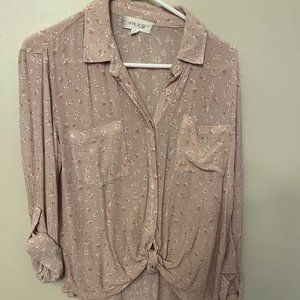 Pink/floral tie front blouse with rolled sleeves;  size small